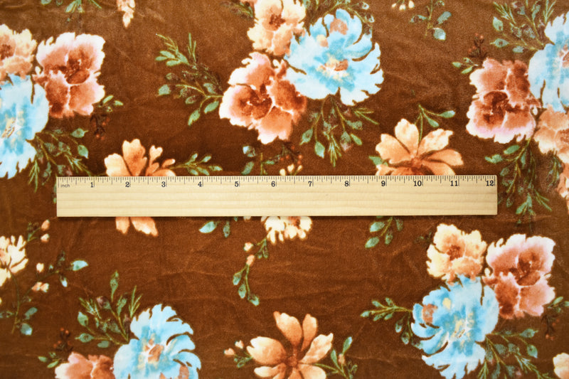 Brown-Multi Poly Stretch Spandex Floral Print Velvet Knit Fabric