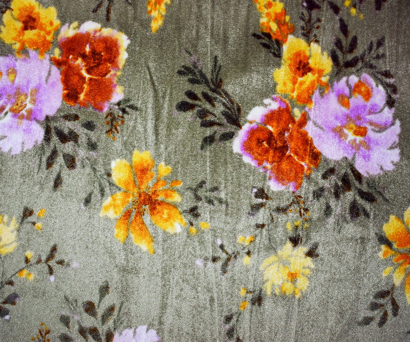 Green-Orange-Multi Poly Stretch Spandex Floral Printed Velvet Knit Fabric