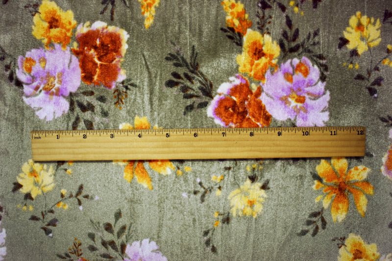 Green-Orange-Multi Poly Stretch Spandex Floral Printed Velvet Knit Fabric