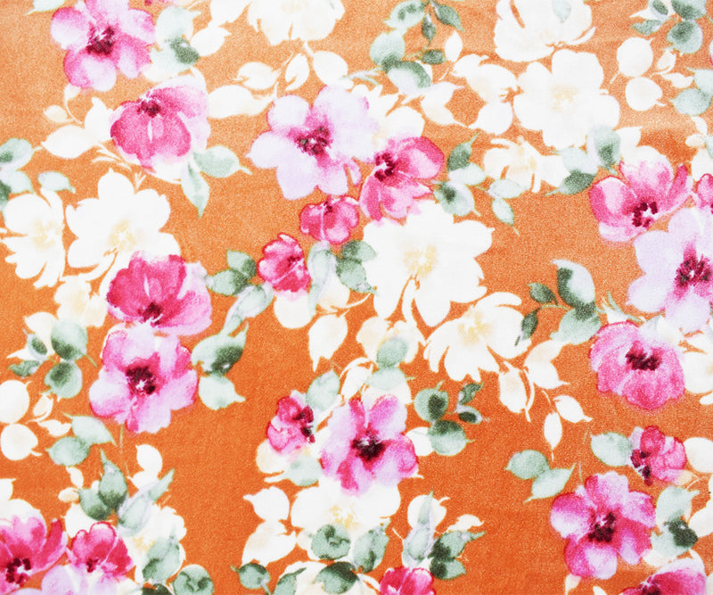 Orange-Pink-Multi Poly Stretch Spandex Floral Velvet Knit Fabric
