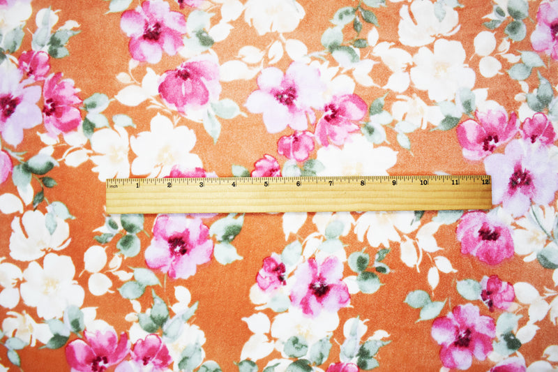 Orange-Pink-Multi Poly Stretch Spandex Floral Velvet Knit Fabric