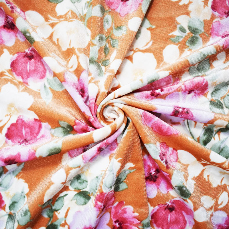 Orange-Pink-Multi Poly Stretch Spandex Floral Velvet Knit Fabric