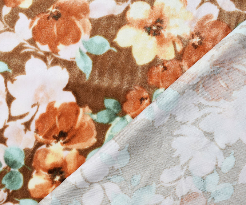 Brown-Multi Poly Stretch Spandex Floral Print Velvet Knit Fabric