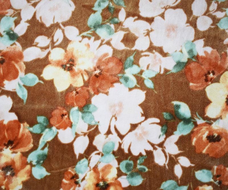 Brown-Multi Poly Stretch Spandex Floral Print Velvet Knit Fabric