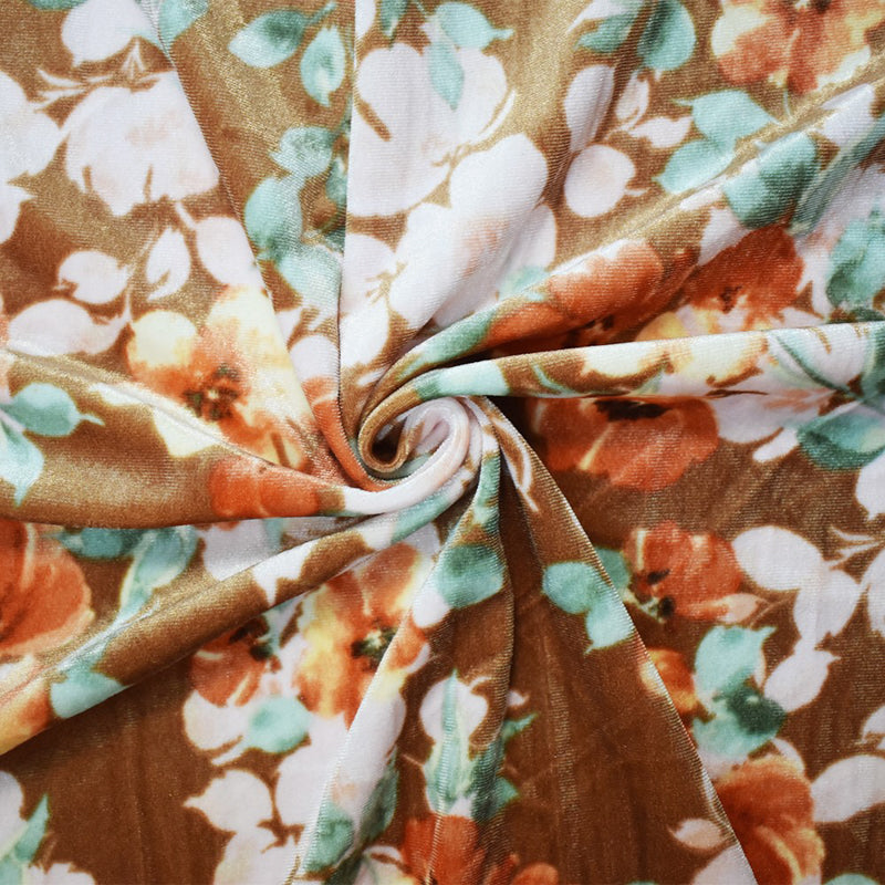 Brown-Multi Poly Stretch Spandex Floral Print Velvet Knit Fabric