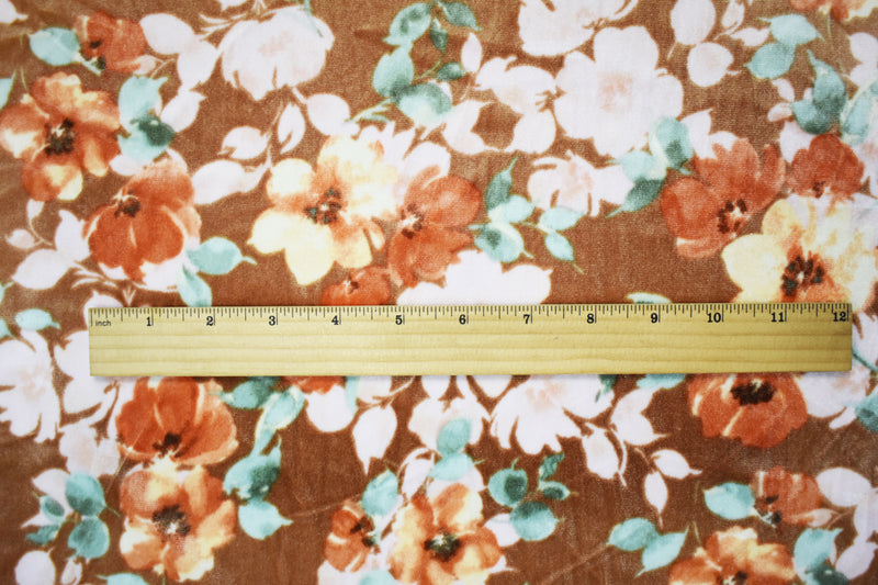 Brown-Multi Poly Stretch Spandex Floral Print Velvet Knit Fabric