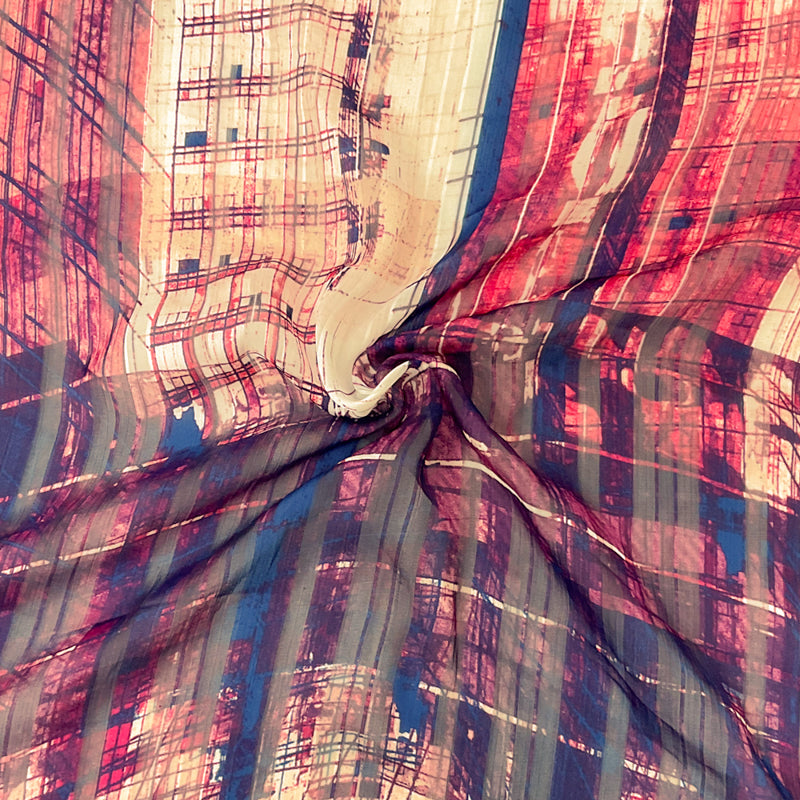 Purple-Multi Abstract Print Satin Stripe Chiffon Woven Fabric