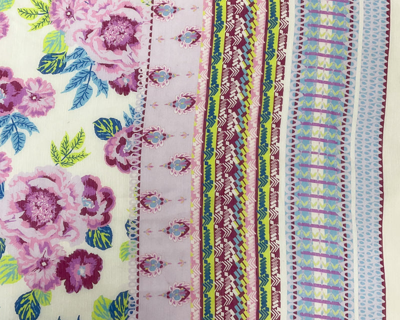 Purple-Multi Poly Floral Border Print Yoryu Chiffon Woven Fabric