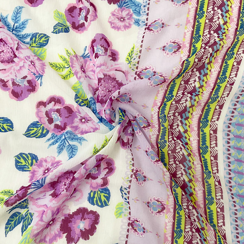 Purple-Multi Poly Floral Border Print Yoryu Chiffon Woven Fabric