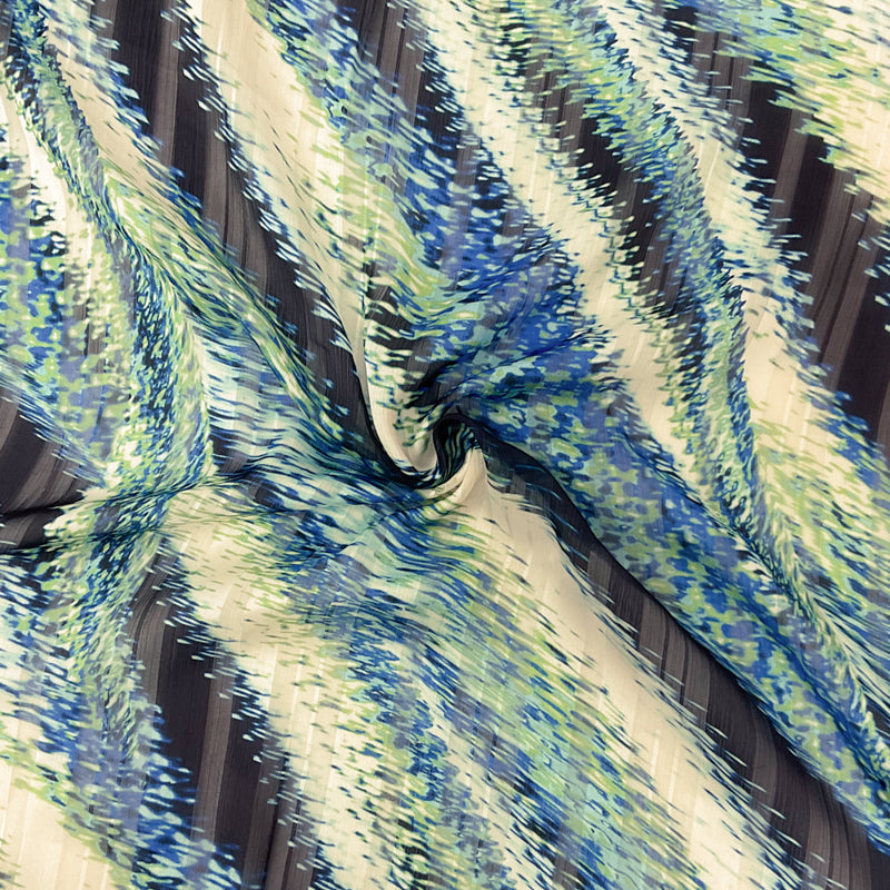 Blue-Multi Poly Abstract Print Satin Stripe Chiffon Woven Fabric