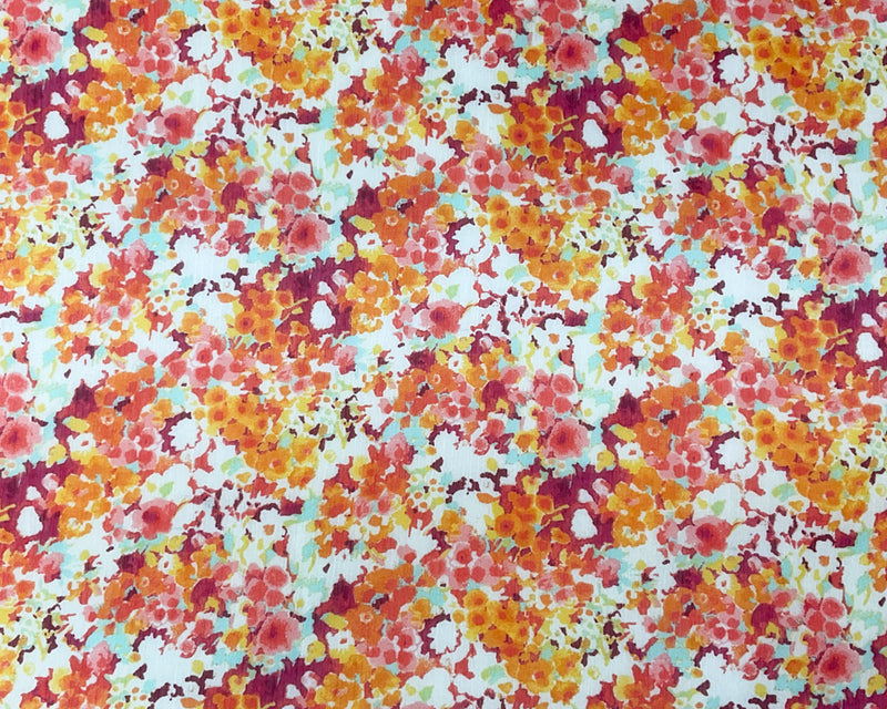 Red-Yellow Poly Floral Printed Crinkle Yoryu Chiffon Woven Fabric