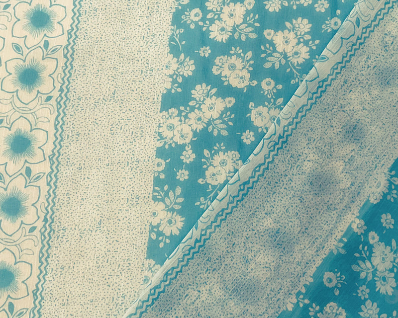 Aqua-White Poly Stripe Floral Printed Yoryu Chiffon Woven Fabric
