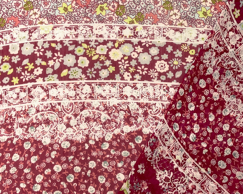 Red-Multi Poly Stripe Floral Print Yoryu Chiffon Woven Fabric