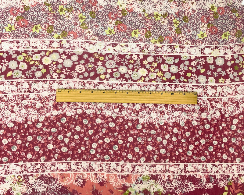 Red-Multi Poly Stripe Floral Print Yoryu Chiffon Woven Fabric