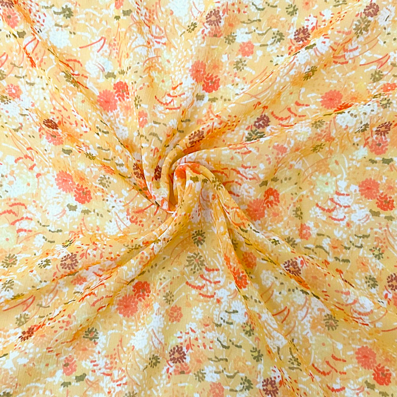 Yellow-Multi Poly Floral Print Crinkle Yoryu Chiffon Woven Fabric