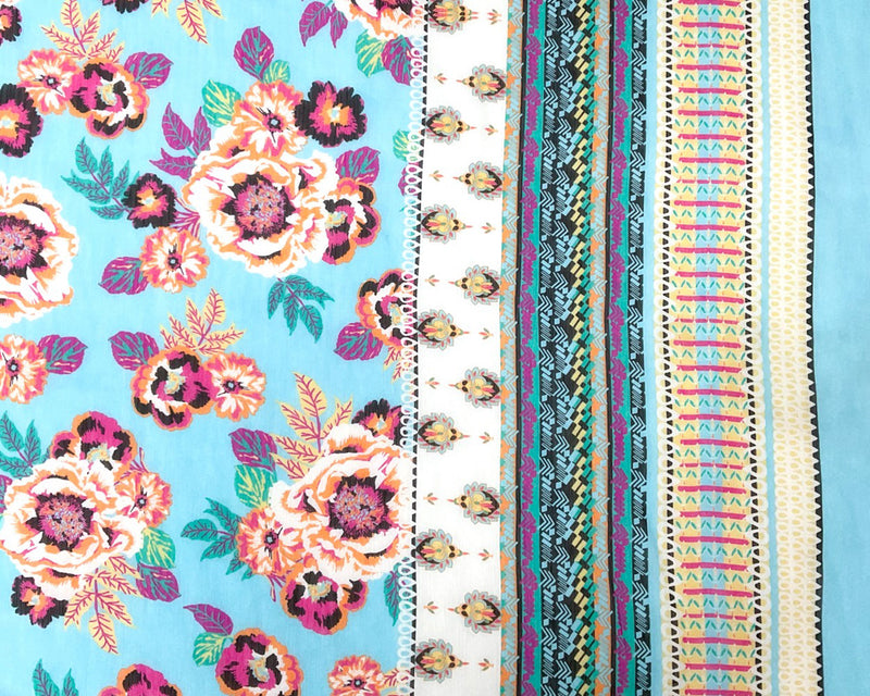 Blue-Multi Poly Floral Border Printed Yoryu Chiffon Woven Fabric