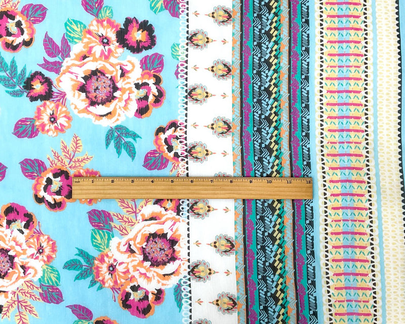 Blue-Multi Poly Floral Border Printed Yoryu Chiffon Woven Fabric