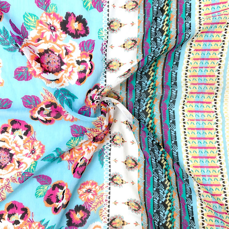 Blue-Multi Poly Floral Border Printed Yoryu Chiffon Woven Fabric