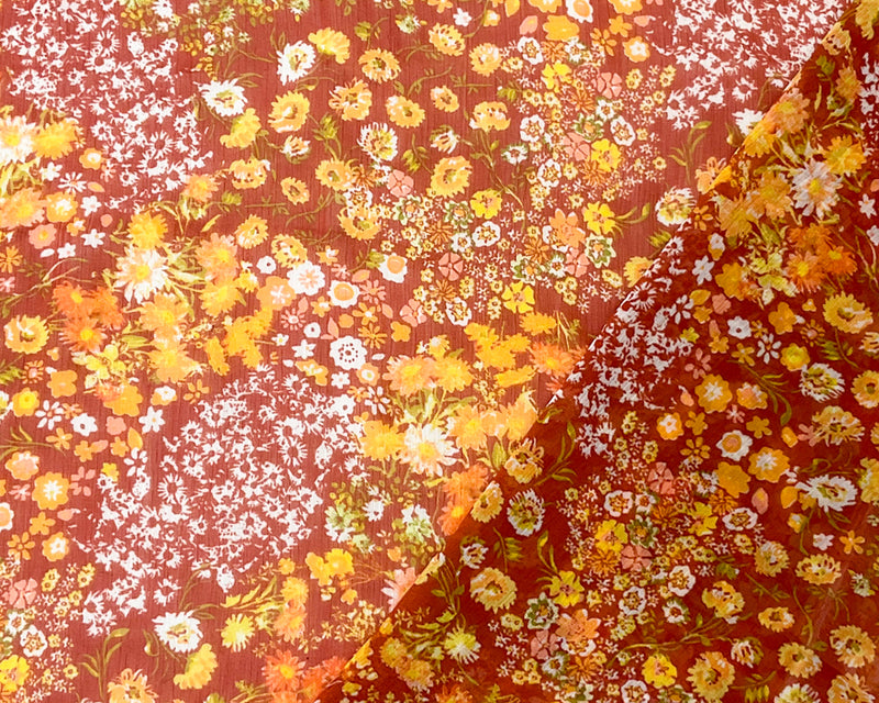 Brown-Multi Poly Floral Printed Crinkle Yoryu Chiffon Woven Fabric