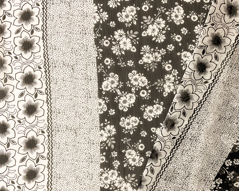 Black Poly Stripe Floral Print Crinkle Yoryu Chiffon Woven Fabric