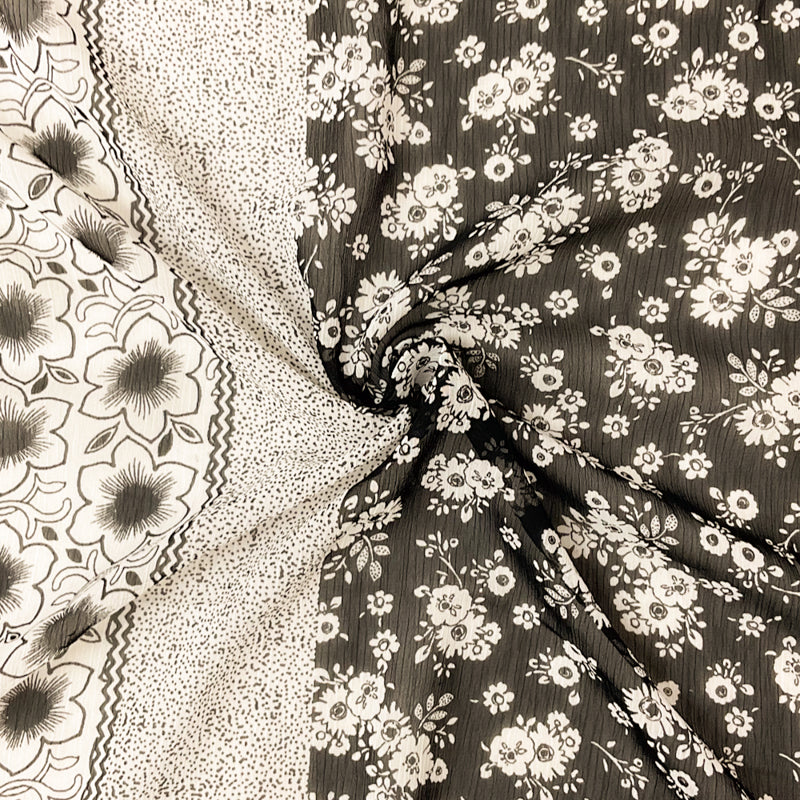 Black Poly Stripe Floral Print Crinkle Yoryu Chiffon Woven Fabric