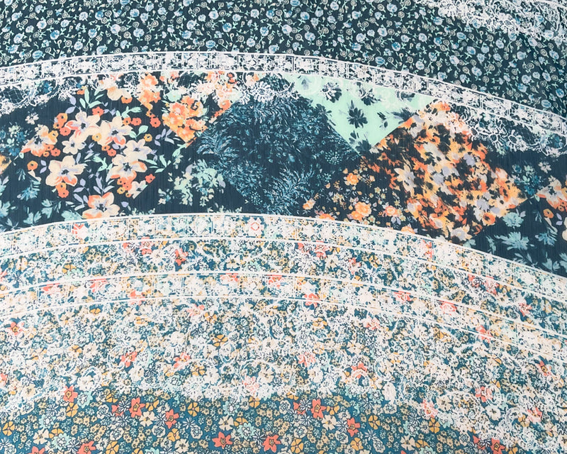 Blue-Multi Poly Stripe Floral Print Yoryu Chiffon Woven Fabric