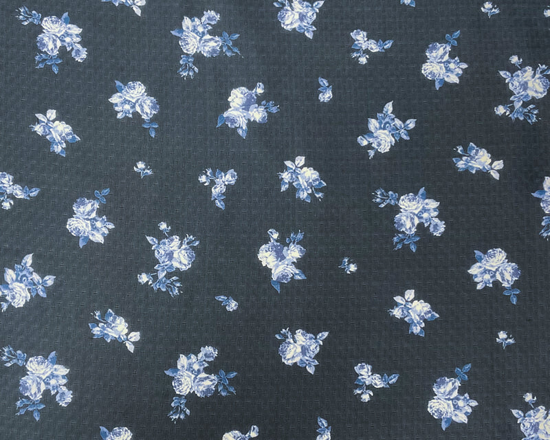 Blue-White Poly Floral Printed Dobby Chiffon Woven Fabric