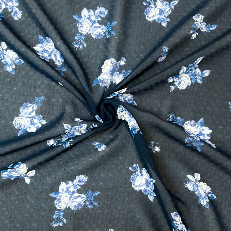 Blue-White Poly Floral Printed Dobby Chiffon Woven Fabric