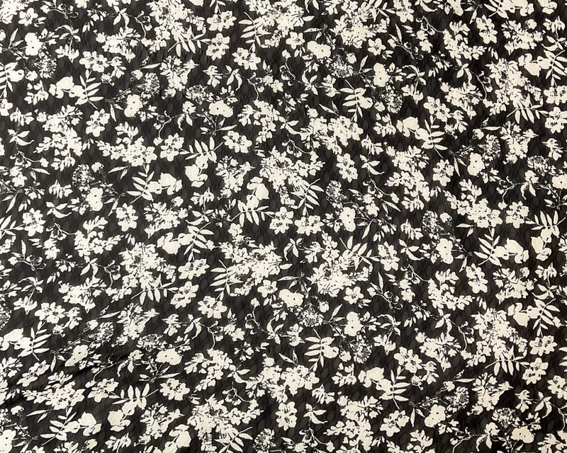 Black-Ivory Poly Floral Printed Ogee Shape Dobby Chiffon Woven Fabric