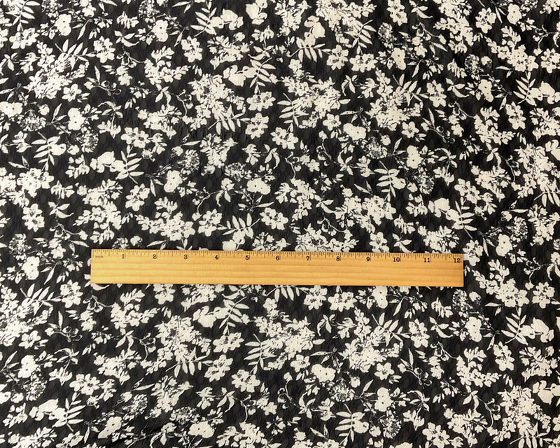 Black-Ivory Poly Floral Printed Ogee Shape Dobby Chiffon Woven Fabric