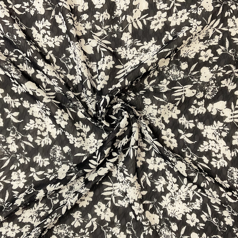 Black-Ivory Poly Floral Printed Ogee Shape Dobby Chiffon Woven Fabric