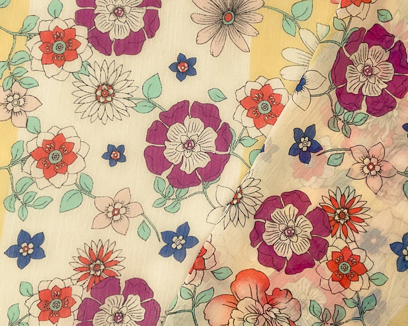 Yellow-Multi Poly Floral Print Crinkle Yoryu Chiffon Woven Fabric