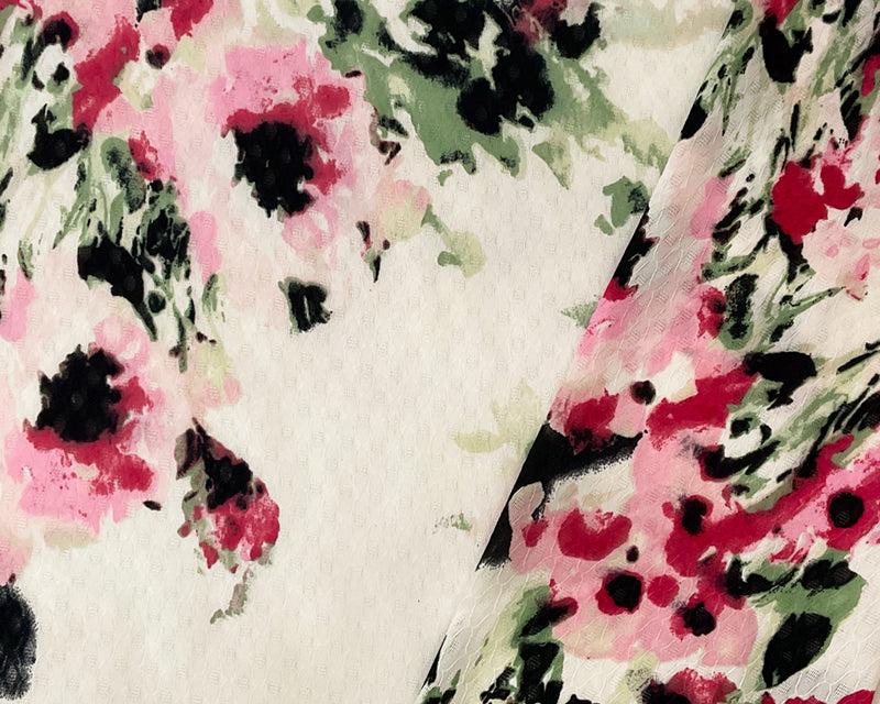 Ivory-Pink-Multi Poly Floral Printed Ogee Dobby Chiffon Woven Fabric