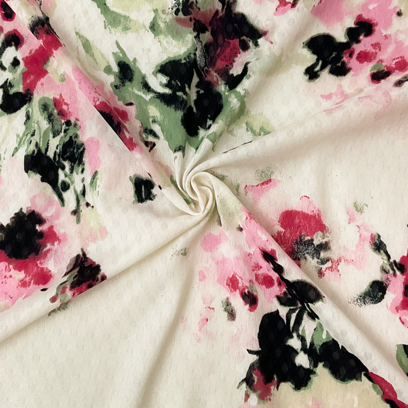 Ivory-Pink-Multi Poly Floral Printed Ogee Dobby Chiffon Woven Fabric