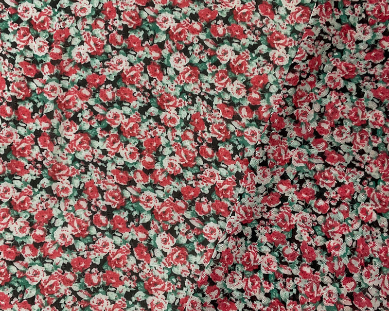 Red-Multi Poly Stripe Floral Border Printed Dobby Chiffon Woven Fabric