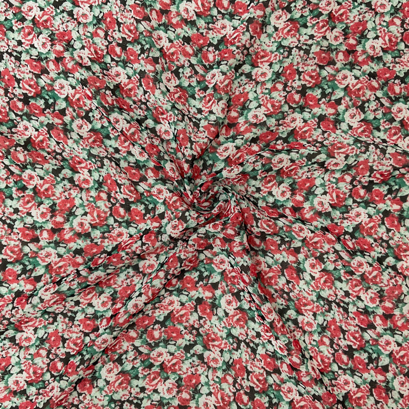 Red-Multi Poly Stripe Floral Border Printed Dobby Chiffon Woven Fabric