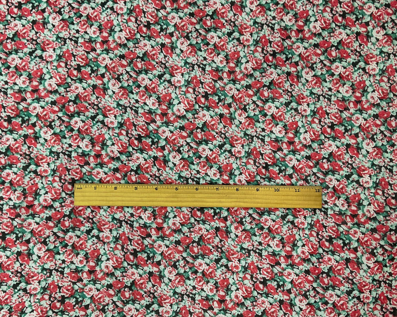 Red-Multi Poly Stripe Floral Border Printed Dobby Chiffon Woven Fabric