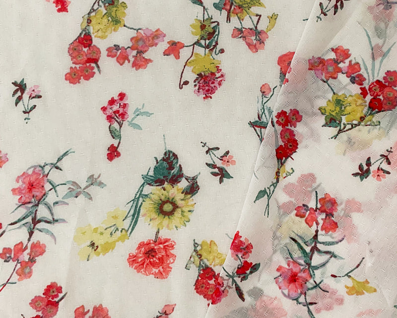 Gray-Red-Multi Poly Floral Printed Dobby Chiffon Woven Fabric