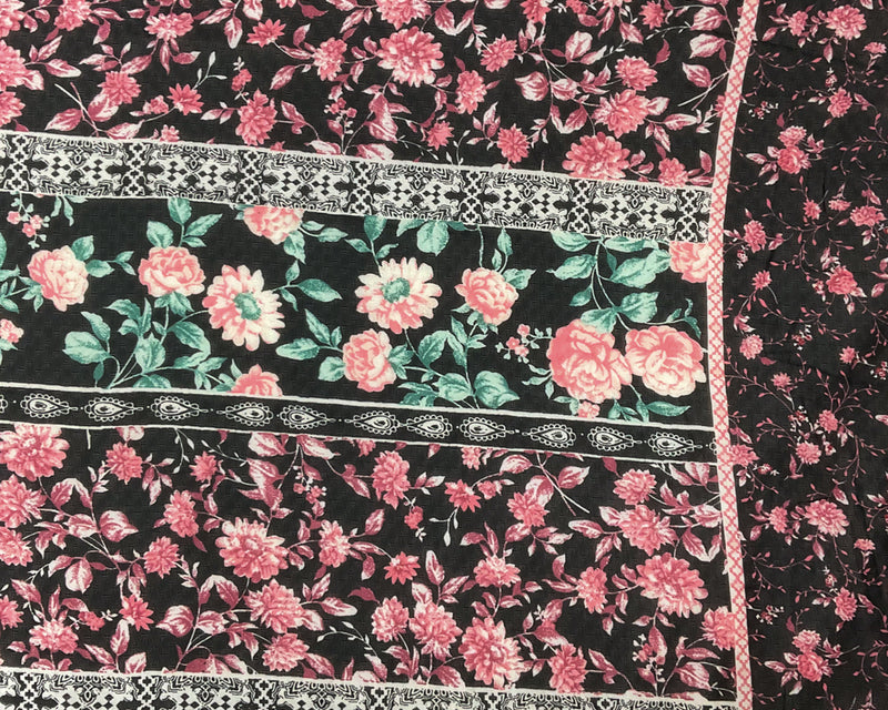 Black-Multi Poly Floral Border Printed Dobby Chiffon Woven Fabric