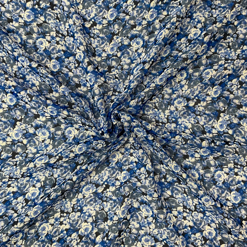 3 YD PC-Blue-Black-Multi Poly Floral Printed Dobby Chiffon Woven Fabric