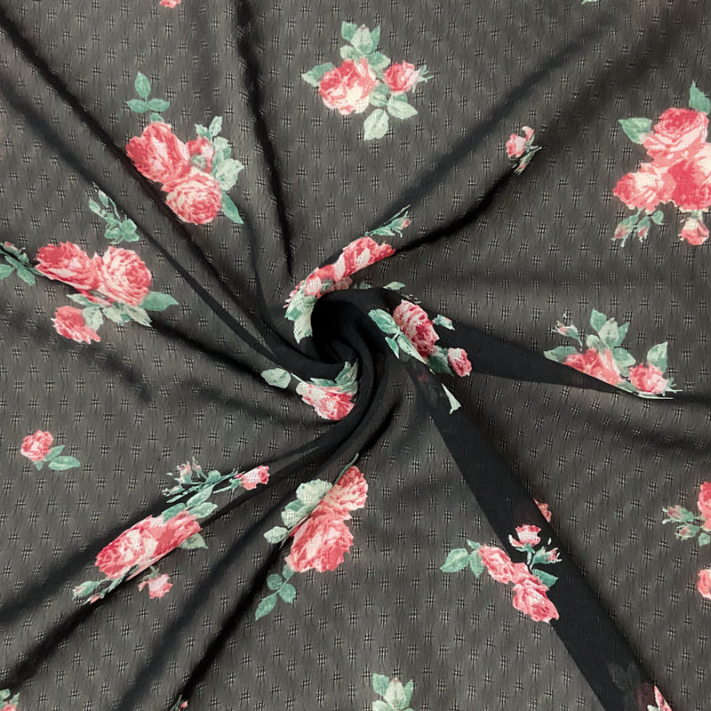 Black-Red-Multi Poly Floral Printed Dobby Chiffon Woven Fabric