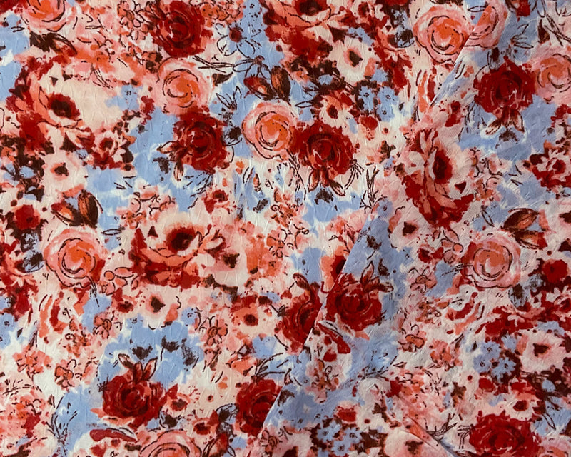 Red-Multi Poly Floral Printed Ogee Dobby Chiffon Woven Fabric