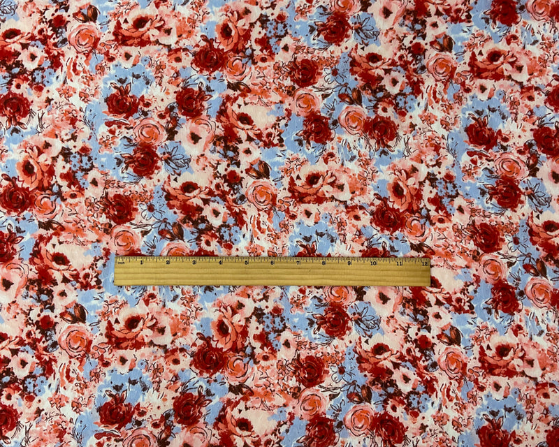 Red-Multi Poly Floral Printed Ogee Dobby Chiffon Woven Fabric