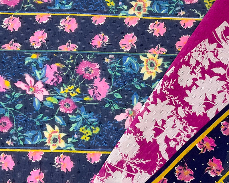Blue-Multi Poly Stripe Floral Border Print Dobby Chiffon Woven Fabric