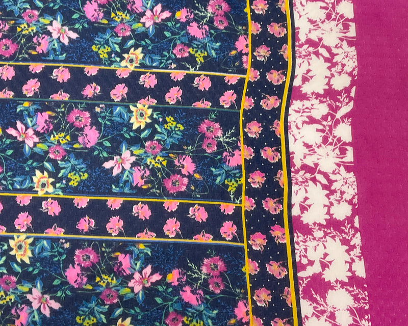 Blue-Multi Poly Stripe Floral Border Print Dobby Chiffon Woven Fabric