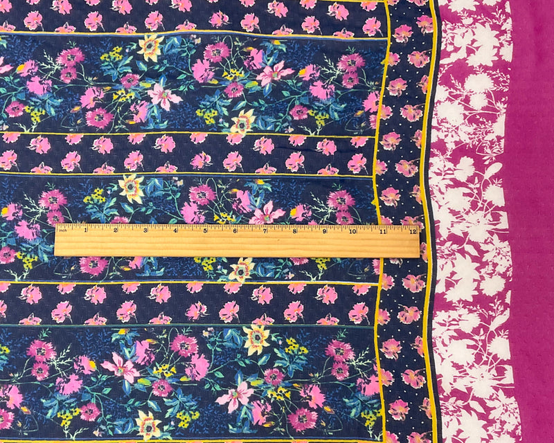Blue-Multi Poly Stripe Floral Border Print Dobby Chiffon Woven Fabric