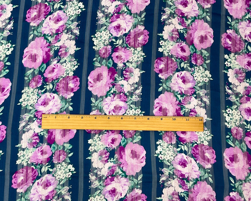 Blue-Multi Poly Floral Printed Satin Stripe Chiffon Woven Fabric