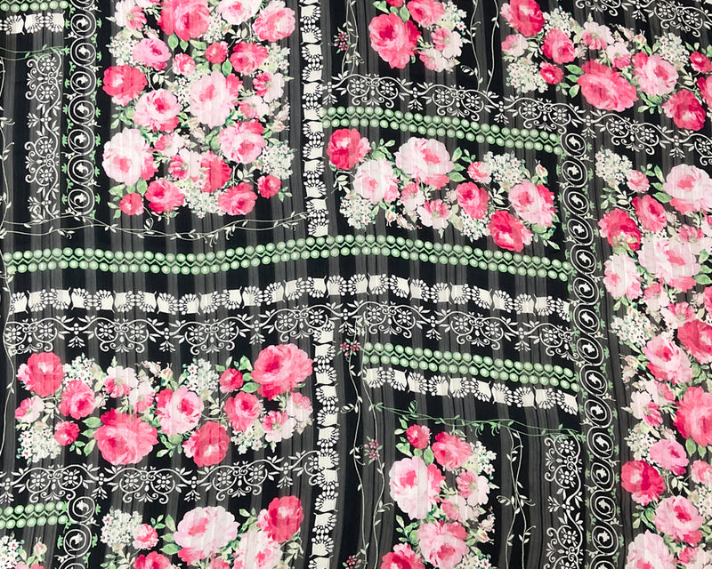 Black-Multi Poly Floral Printed Stripe Satin Chiffon Woven Fabric