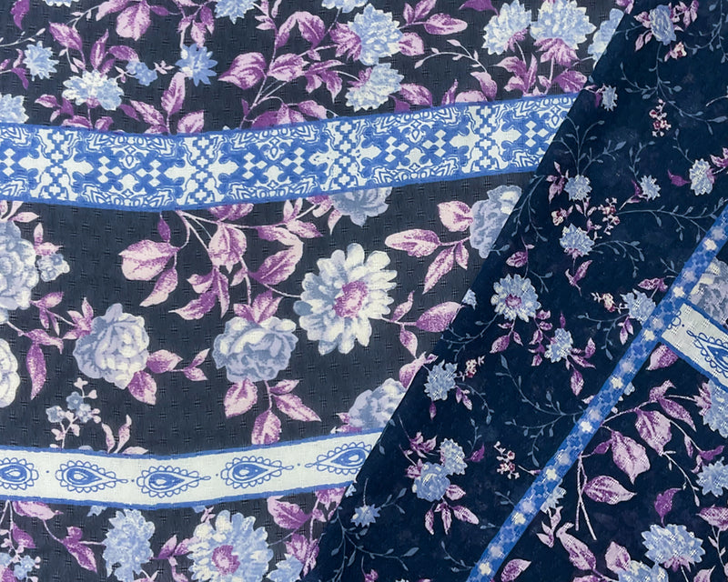 Blue-Multi Poly Stripe Floral Border Print Dobby Chiffon Woven Fabric