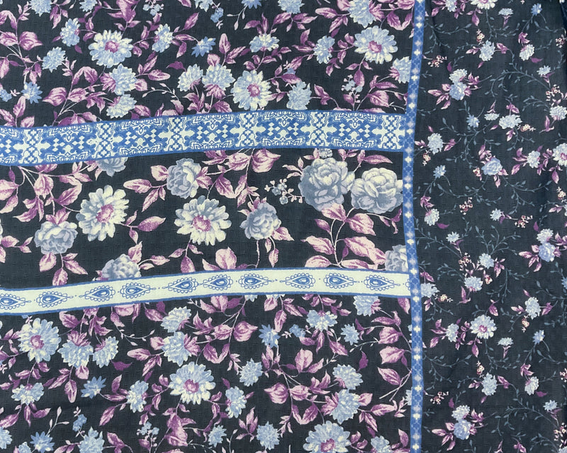 Blue-Multi Poly Stripe Floral Border Print Dobby Chiffon Woven Fabric